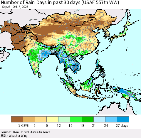 Asia Number of Rain Days in past 30 days (USAF 557th WW) 10/05/2023 Thematic Map For 10/1/2023 - 10/5/2023