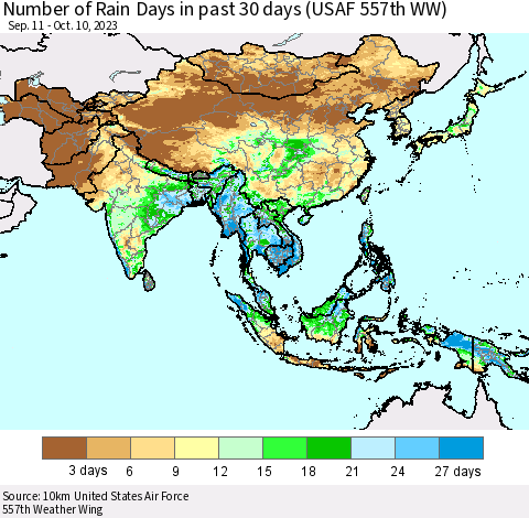 Asia Number of Rain Days in past 30 days (USAF 557th WW) 10/10/2023 Thematic Map For 10/6/2023 - 10/10/2023