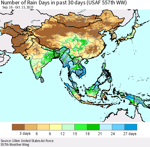 Asia Number of Rain Days in past 30 days (USAF 557th WW) 10/15/2023 Thematic Map For 10/11/2023 - 10/15/2023