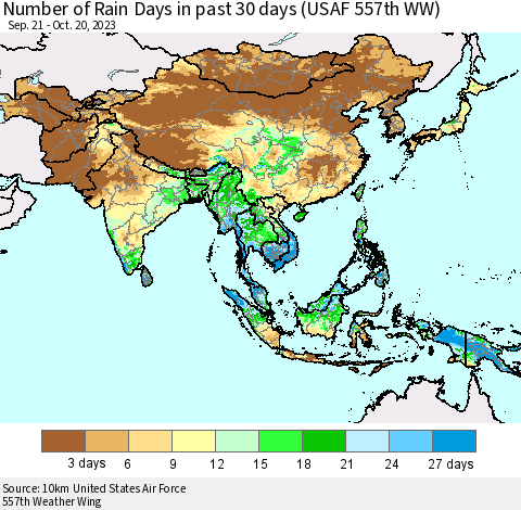 Asia Number of Rain Days in past 30 days (USAF 557th WW) 10/20/2023 Thematic Map For 10/16/2023 - 10/20/2023