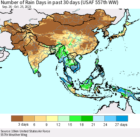 Asia Number of Rain Days in past 30 days (USAF 557th WW) 10/25/2023 Thematic Map For 10/21/2023 - 10/25/2023