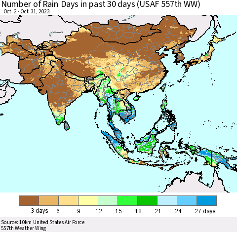 Asia Number of Rain Days in past 30 days (USAF 557th WW) 10/31/2023 Thematic Map For 10/26/2023 - 10/31/2023