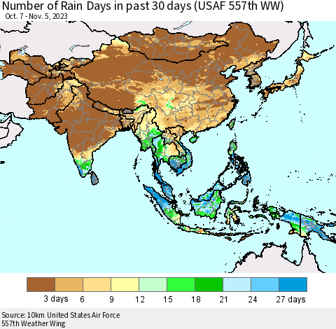 Asia Number of Rain Days in past 30 days (USAF 557th WW) 11/05/2023 Thematic Map For 11/1/2023 - 11/5/2023
