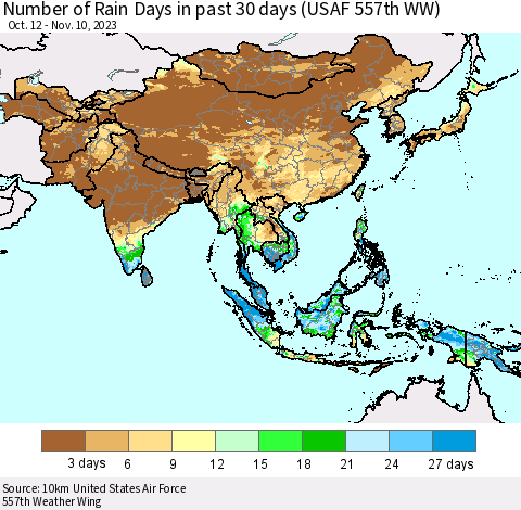 Asia Number of Rain Days in past 30 days (USAF 557th WW) 11/10/2023 Thematic Map For 11/6/2023 - 11/10/2023