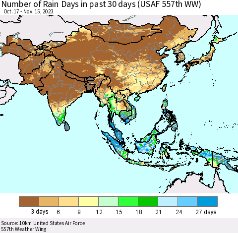 Asia Number of Rain Days in past 30 days (USAF 557th WW) 11/15/2023 Thematic Map For 11/11/2023 - 11/15/2023