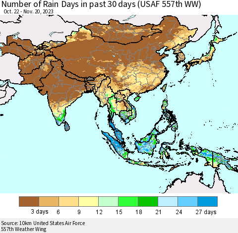 Asia Number of Rain Days in past 30 days (USAF 557th WW) 11/20/2023 Thematic Map For 11/16/2023 - 11/20/2023