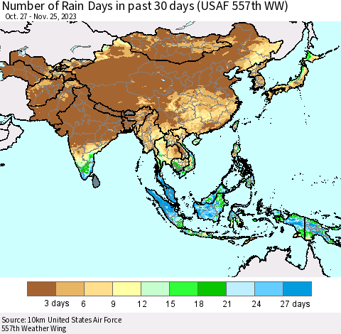 Asia Number of Rain Days in past 30 days (USAF 557th WW) 11/25/2023 Thematic Map For 11/21/2023 - 11/25/2023