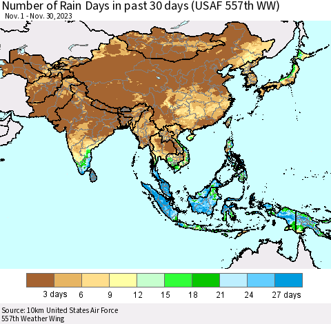 Asia Number of Rain Days in past 30 days (USAF 557th WW) 11/30/2023 Thematic Map For 11/26/2023 - 11/30/2023