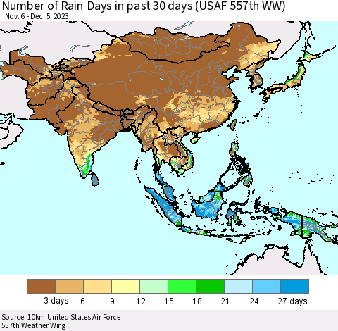 Asia Number of Rain Days in past 30 days (USAF 557th WW) 12/05/2023 Thematic Map For 12/1/2023 - 12/5/2023