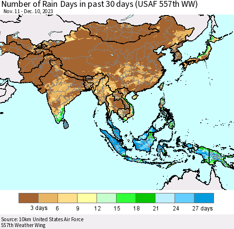 Asia Number of Rain Days in past 30 days (USAF 557th WW) 12/10/2023 Thematic Map For 12/6/2023 - 12/10/2023
