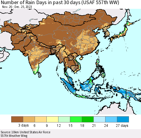 Asia Number of Rain Days in past 30 days (USAF 557th WW) 12/25/2023 Thematic Map For 12/21/2023 - 12/25/2023