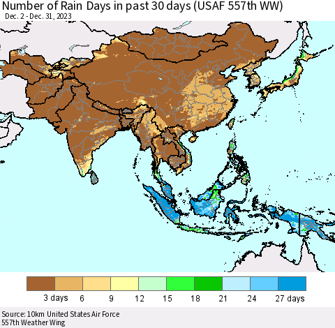 Asia Number of Rain Days in past 30 days (USAF 557th WW) 12/31/2023 Thematic Map For 12/26/2023 - 12/31/2023