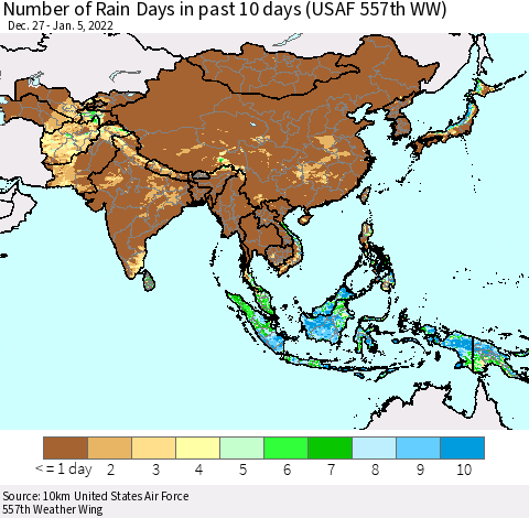 Asia Number of Rain Days in past 10 days (USAF 557th WW) Thematic Map For 1/1/2022 - 1/5/2022