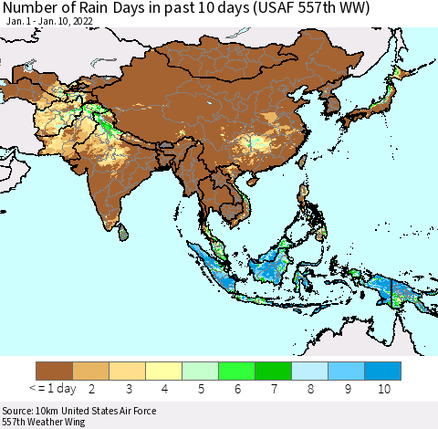 Asia Number of Rain Days in past 10 days (USAF 557th WW) Thematic Map For 1/6/2022 - 1/10/2022