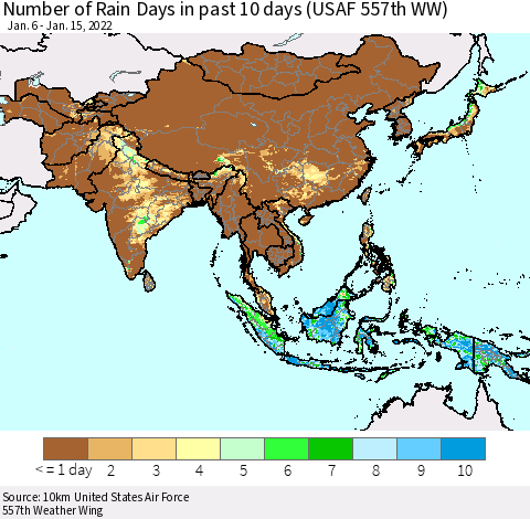 Asia Number of Rain Days in past 10 days (USAF 557th WW) Thematic Map For 1/11/2022 - 1/15/2022