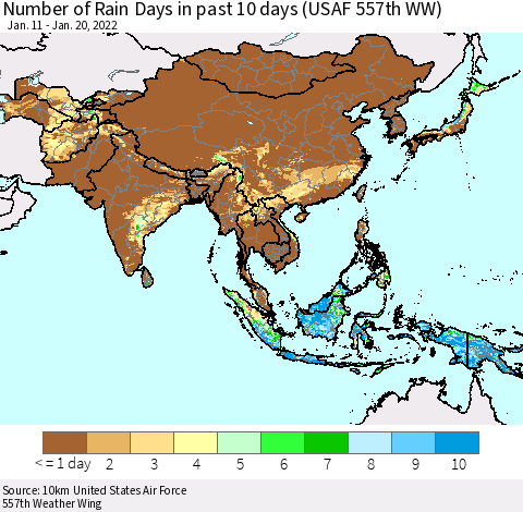 Asia Number of Rain Days in past 10 days (USAF 557th WW) Thematic Map For 1/16/2022 - 1/20/2022