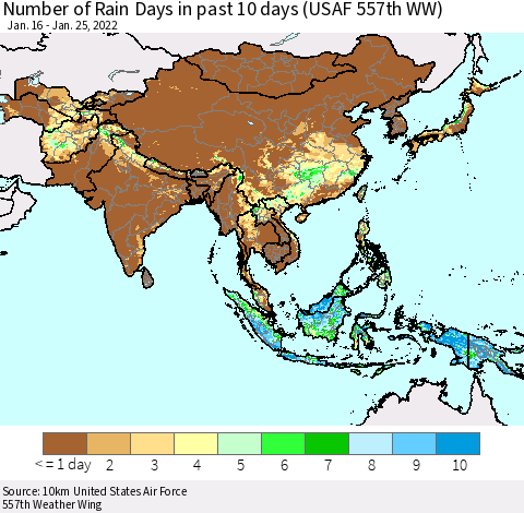 Asia Number of Rain Days in past 10 days (USAF 557th WW) Thematic Map For 1/21/2022 - 1/25/2022