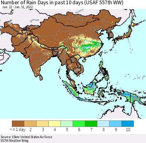 Asia Number of Rain Days in past 10 days (USAF 557th WW) Thematic Map For 1/26/2022 - 1/31/2022
