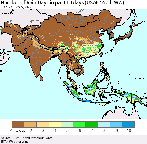 Asia Number of Rain Days in past 10 days (USAF 557th WW) Thematic Map For 2/1/2022 - 2/5/2022