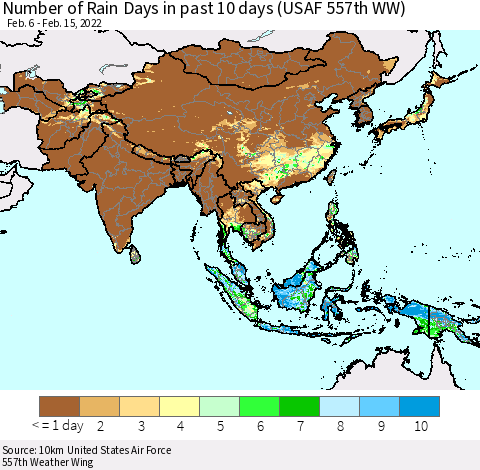 Asia Number of Rain Days in past 10 days (USAF 557th WW) Thematic Map For 2/11/2022 - 2/15/2022