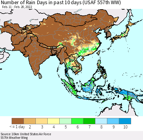 Asia Number of Rain Days in past 10 days (USAF 557th WW) Thematic Map For 2/16/2022 - 2/20/2022