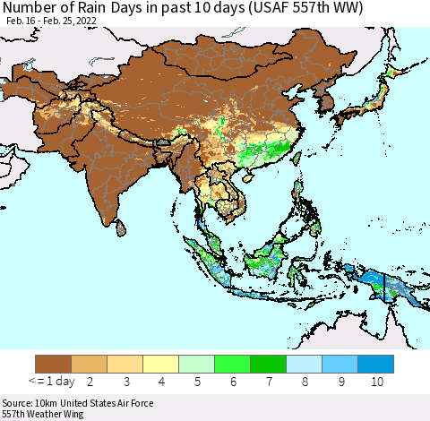 Asia Number of Rain Days in past 10 days (USAF 557th WW) Thematic Map For 2/21/2022 - 2/25/2022