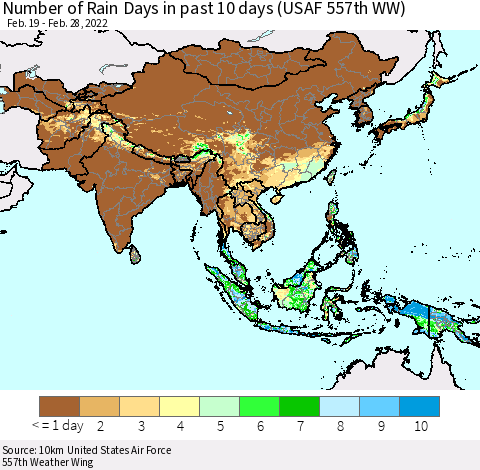Asia Number of Rain Days in past 10 days (USAF 557th WW) Thematic Map For 2/26/2022 - 2/28/2022