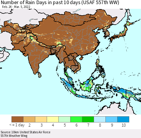 Asia Number of Rain Days in past 10 days (USAF 557th WW) Thematic Map For 3/1/2022 - 3/5/2022