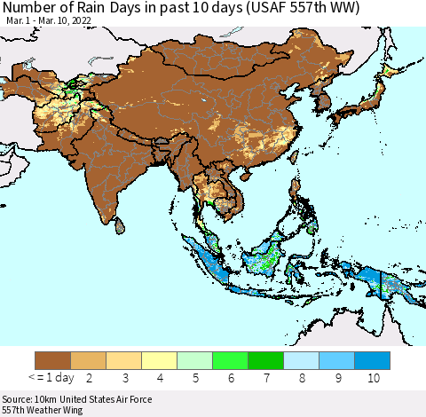 Asia Number of Rain Days in past 10 days (USAF 557th WW) Thematic Map For 3/6/2022 - 3/10/2022
