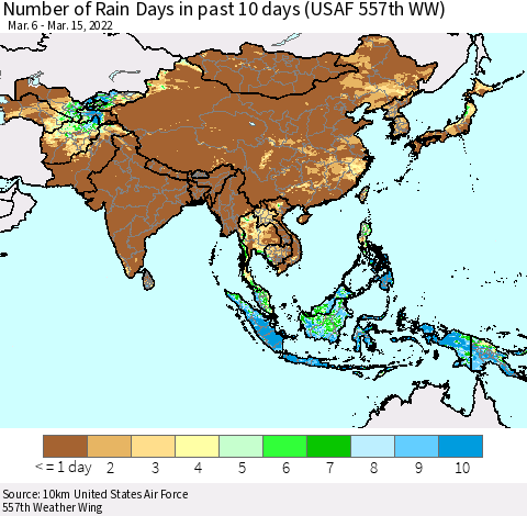 Asia Number of Rain Days in past 10 days (USAF 557th WW) Thematic Map For 3/11/2022 - 3/15/2022