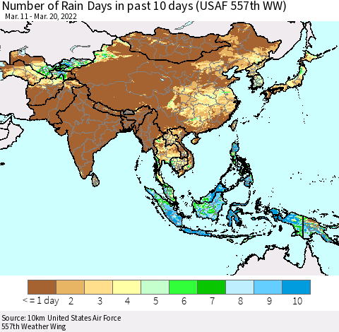 Asia Number of Rain Days in past 10 days (USAF 557th WW) Thematic Map For 3/16/2022 - 3/20/2022
