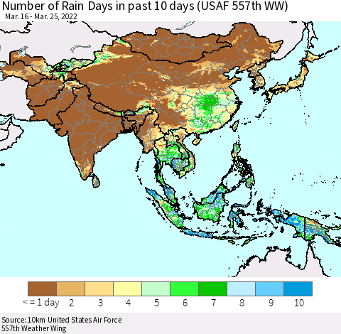 Asia Number of Rain Days in past 10 days (USAF 557th WW) Thematic Map For 3/21/2022 - 3/25/2022