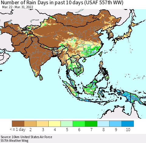 Asia Number of Rain Days in past 10 days (USAF 557th WW) Thematic Map For 3/26/2022 - 3/31/2022