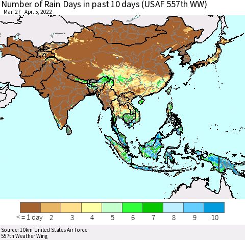 Asia Number of Rain Days in past 10 days (USAF 557th WW) Thematic Map For 4/1/2022 - 4/5/2022