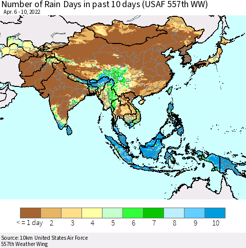 Asia Number of Rain Days in past 10 days (USAF 557th WW) Thematic Map For 4/6/2022 - 4/10/2022