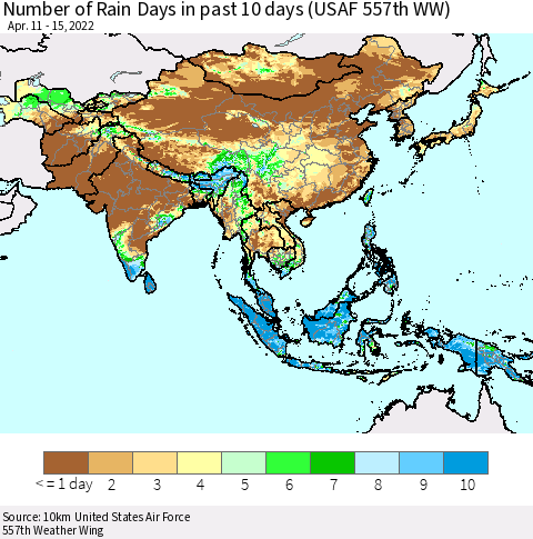 Asia Number of Rain Days in past 10 days (USAF 557th WW) Thematic Map For 4/11/2022 - 4/15/2022