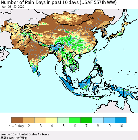 Asia Number of Rain Days in past 10 days (USAF 557th WW) Thematic Map For 4/16/2022 - 4/20/2022