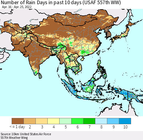 Asia Number of Rain Days in past 10 days (USAF 557th WW) Thematic Map For 4/21/2022 - 4/25/2022