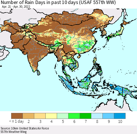 Asia Number of Rain Days in past 10 days (USAF 557th WW) Thematic Map For 4/26/2022 - 4/30/2022