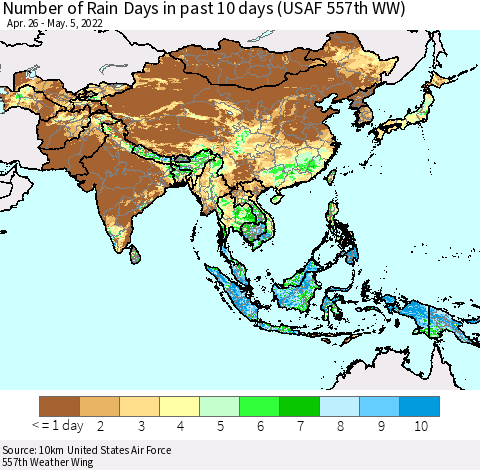 Asia Number of Rain Days in past 10 days (USAF 557th WW) Thematic Map For 5/1/2022 - 5/5/2022