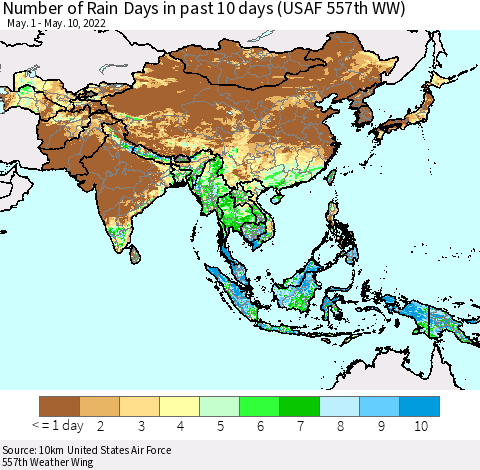 Asia Number of Rain Days in past 10 days (USAF 557th WW) Thematic Map For 5/6/2022 - 5/10/2022