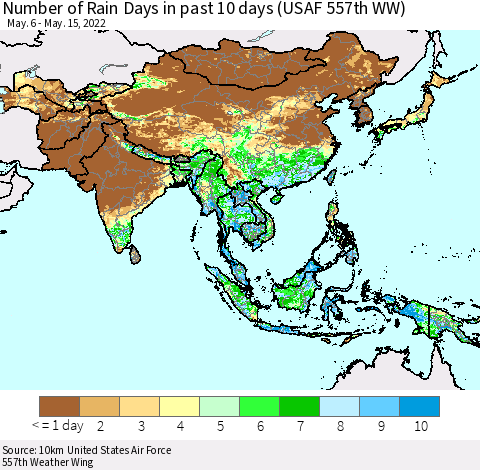 Asia Number of Rain Days in past 10 days (USAF 557th WW) Thematic Map For 5/11/2022 - 5/15/2022