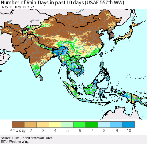 Asia Number of Rain Days in past 10 days (USAF 557th WW) Thematic Map For 5/16/2022 - 5/20/2022