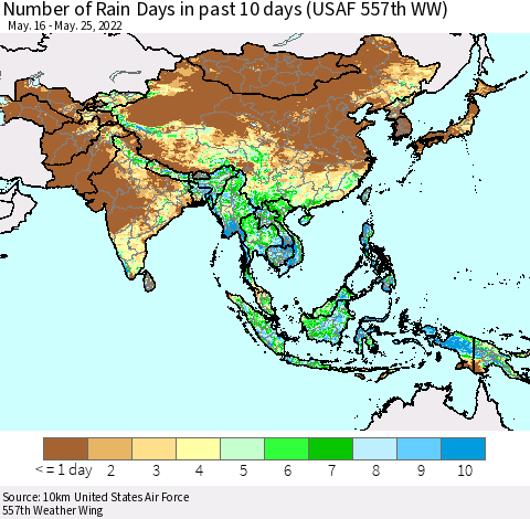 Asia Number of Rain Days in past 10 days (USAF 557th WW) Thematic Map For 5/21/2022 - 5/25/2022