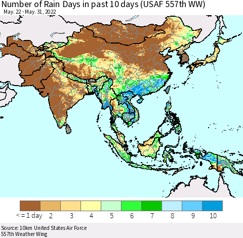 Asia Number of Rain Days in past 10 days (USAF 557th WW) Thematic Map For 5/26/2022 - 5/31/2022
