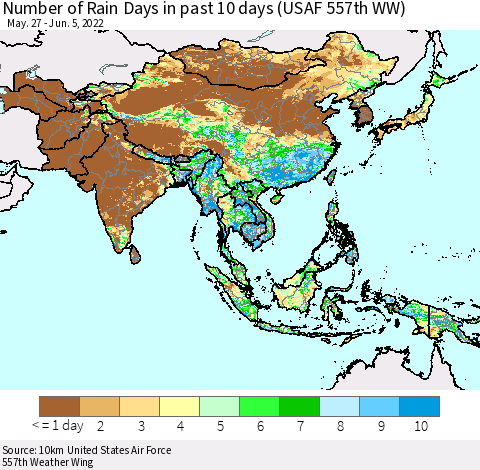 Asia Number of Rain Days in past 10 days (USAF 557th WW) Thematic Map For 6/1/2022 - 6/5/2022