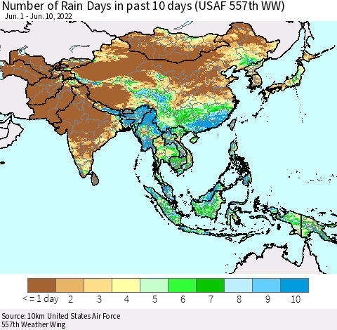 Asia Number of Rain Days in past 10 days (USAF 557th WW) Thematic Map For 6/6/2022 - 6/10/2022