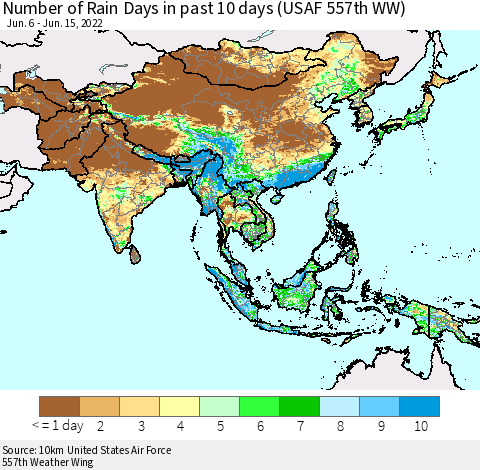 Asia Number of Rain Days in past 10 days (USAF 557th WW) Thematic Map For 6/11/2022 - 6/15/2022