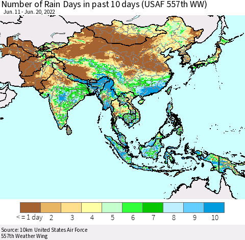 Asia Number of Rain Days in past 10 days (USAF 557th WW) Thematic Map For 6/16/2022 - 6/20/2022