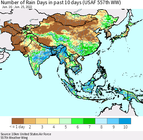 Asia Number of Rain Days in past 10 days (USAF 557th WW) Thematic Map For 6/21/2022 - 6/25/2022